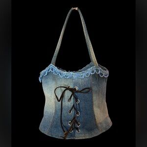 Blue Denim Corset Top with Lace Trim Mini Bag, Pre-loved.
